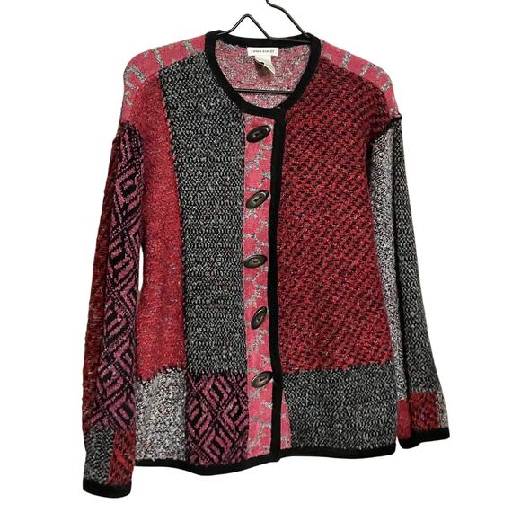 Laura Ashley Cardigan M VTG 90s Y2K EUC Patchwork Exposed Stitch Marled Fleece - Picture 1 of 9